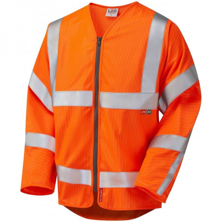 Leo Workwear S25-O Huish ISO 20471 Class 3 LFS Anti-Static Sleeved Zip Waistcoat Orange